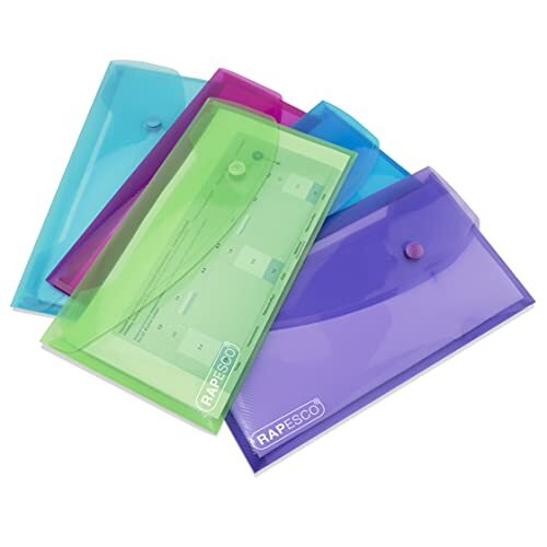 Rapesco - Pack 5 sobres de plástico, americanos (DL 5), material traslúcido en colores surtidos Rapesco - Pack 5 sobres de plástico, americanos (DL 5), material traslúcido en colores surtidos