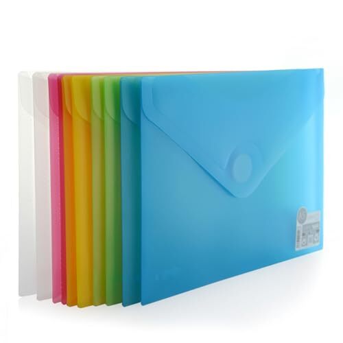 Pack 10 sobres de plástico traslúcidos, Din A5/cuartilla, colores surtidos, acabado suave Pack 10 sobres de plástico traslúcidos, Din A5/cuartilla, colores surtidos, acabado suave