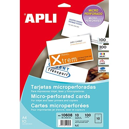 Apli 10608 - 10 hojas para imprimir tarjetas de visita blancas, microperforadas, Din A4, 200 g/m² Apli 10608 - 10 hojas para imprimir tarjetas de visita blancas, microperforadas, Din A4, 200 g/m²