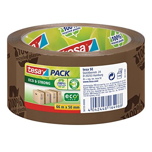 Tesapack Eco Strong - Precinto de embalaje de polipropileno reciclado, resistente a rayos UV, marrón, 66 m × 50 mm