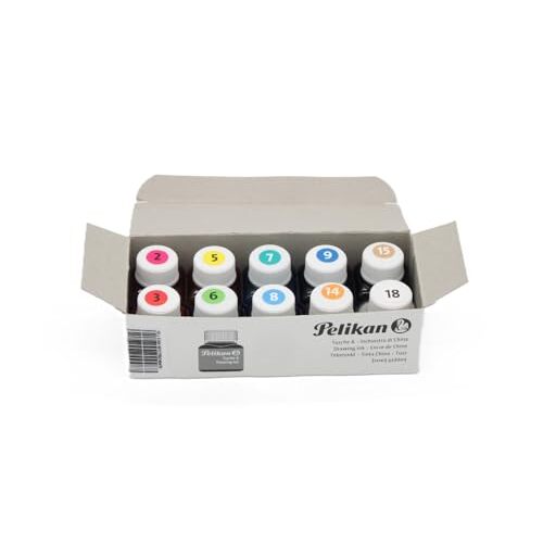Pelikan - Caja de 10 frascos de tinta china de colores surtidos para dibujar, 10 ml Pelikan - Caja de 10 frascos de tinta china de colores surtidos para dibujar, 10 ml