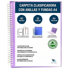 Carpeta clasificadora con anillas y fundas A4, 90 micras,  30 fundas, violeta