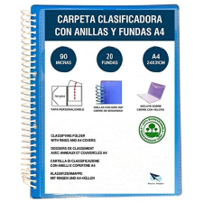 Carpeta clasificadora con anillas y fundas A4, 90 micras, 20 fundas, azul