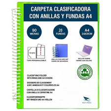 Carpeta clasificadora con anillas y fundas A4, 90 micras, 20 fundas, verde